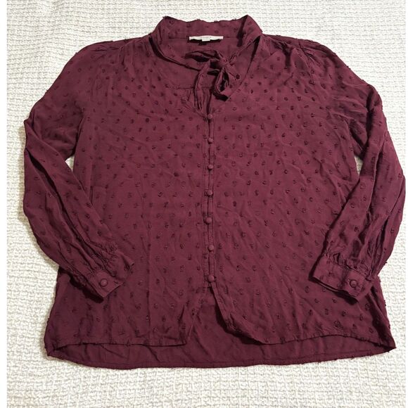 LOFT Burgundy Swiss Dot Tie Neck Button Front Blouse S Romantic Cottagecore - Picture 1 of 8